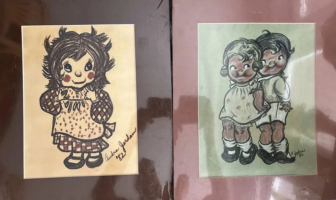 Pair of Audra Jordan Original Works Crayon and Pastel on Paper: This pair of original works by Audra Jordan is a must-have for any art enthusiast. The drawings are done in pastel and crayon on paper, and are signed by the artist herself. The medium-sized pieces ar