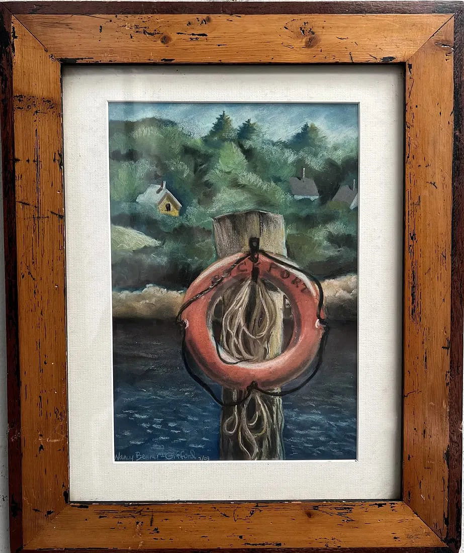 Pastels on Paper By Nancy Benner Gifford dated 2003: This beautiful drawing titled "Rockport Harbor" by Nancy Benner Gifford is a true masterpiece. Created in 2003, this contemporary artwork on paper is signed by the artist. The drawing measures 19 inch