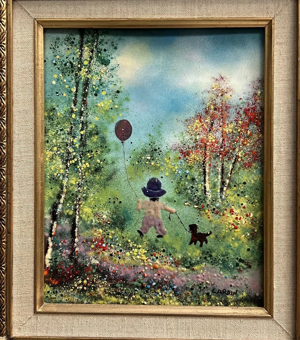 Louis Cardin (B 1931, French) Enamel on Copper Plate "Child & Dog" (1 of 4)