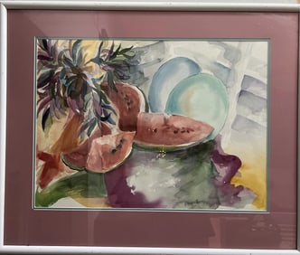 Vintage Still Life Watercolor on Paper Framed Dated 1975 and Signed by the Artis