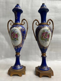 VINTAGE PAIR OF FRENCH BLUE CERAMIC CIRCA 1940s HAND PAINTED VASES 14.5" TALL