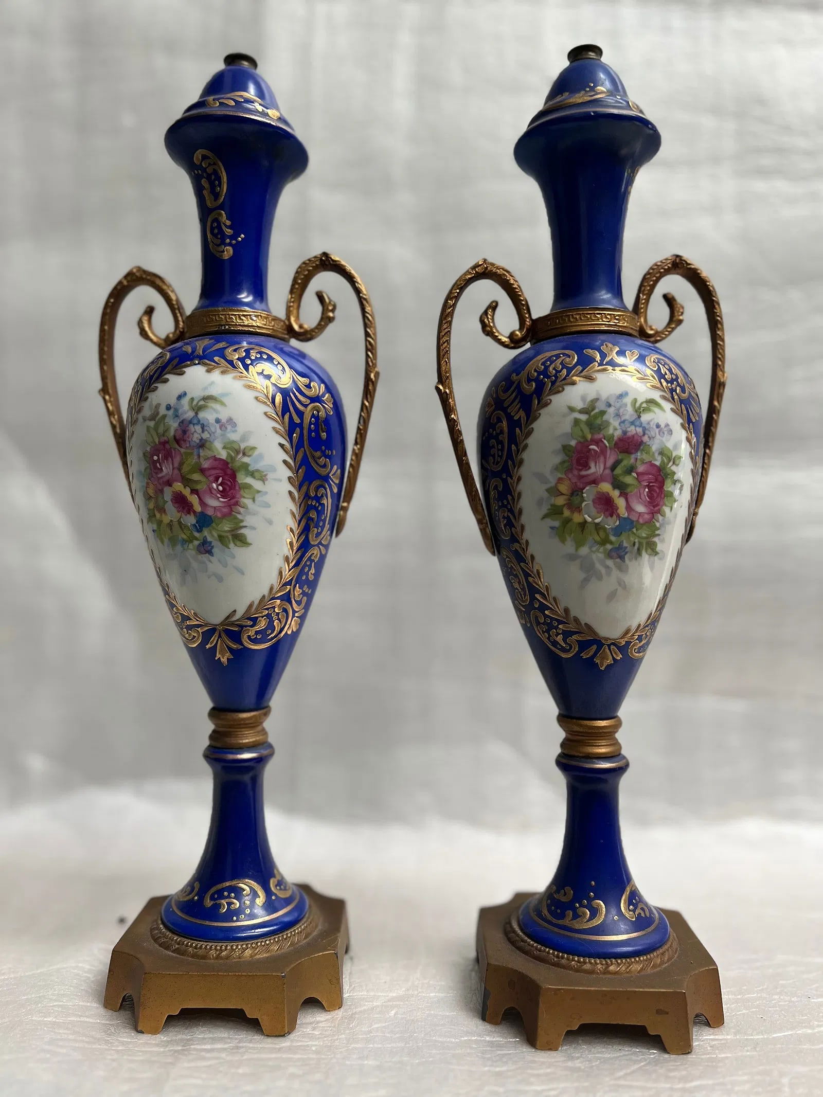 VINTAGE PAIR OF FRENCH BLUE CERAMIC CIRCA 1940s HAND PAINTED VASES 14.5" TALL (1 of 5)