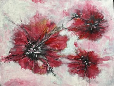 June Abrams Katchen , Abstract Painting Featuring Red Floral Shapes Bold Colors