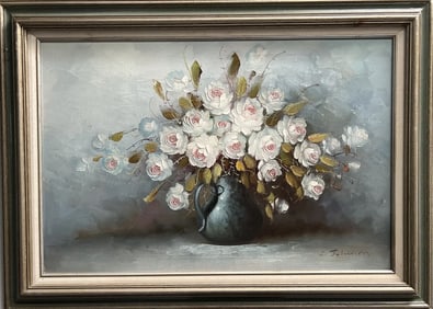 C. Johnson Large Foral Oil on Canvas Signed Lower Right