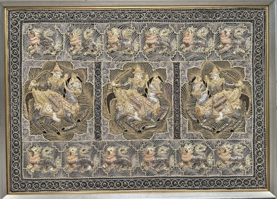 Burmese Kalaga tapestry, a traditional hand-embroidered artwork from Burma (Myanmar) and Thailand.