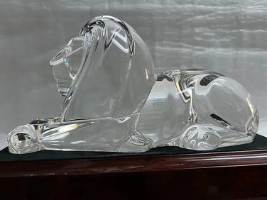 Steuben Crystal Lion Sculpture Designed by Lloyd Atkins in 1996 on a Wooden Base