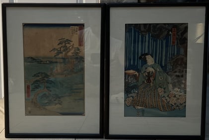 Set of 2 Japanese Woodblock Framed Prints, likely from the Edo period