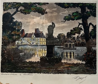 Maurice Jacque "Foutainebleau Le Chateau" Antique Color Etching 14 x 12