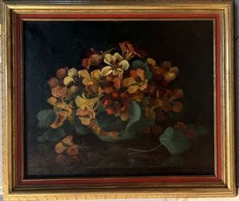Floral still life, likely titled "Vaz? cu flori" (Vase with Flowers) by G. Zinopol, dating from