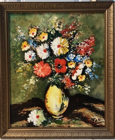 Olive Fell (1896 - 1980) vibrant bouquet of flowers Oil on Canvas Mid Century