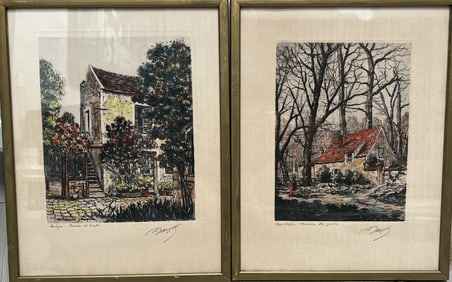 Pair of Framed Hand Colored etchings by MAURICE JACQUE, Hand Signed