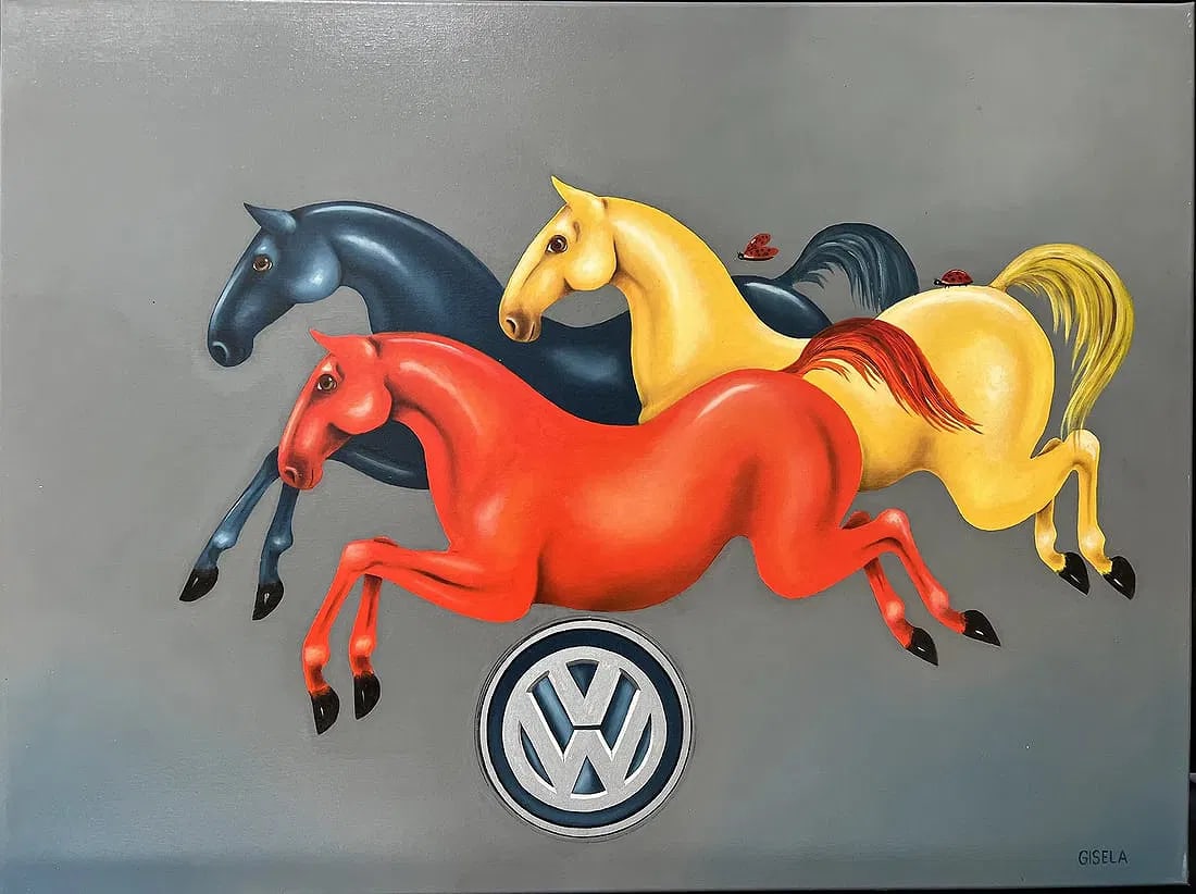 Gisela Pferdekamper " VW Horsepower" Original Oil on Canvas by Listed Artist: The product is a large, original oil painting on canvas titled "VW Horsepower" by listed artist Gisela Pferdekamper. It features a unique combination of cars and horses as its subject, showcasing the 