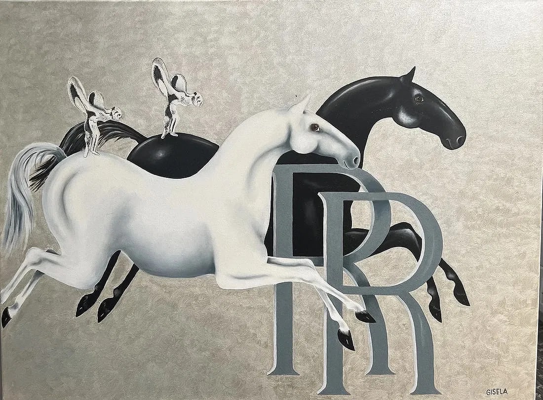 Gisela Pferdekamper "Bentley Horsepower" Original Oil on Canvas by Listed Artist: The product is an original oil painting on canvas by listed artist Gisela Pferdekamper titled "Bentley Horsepower." This large painting, measuring 30 inches in height and 40 inches in width, features 