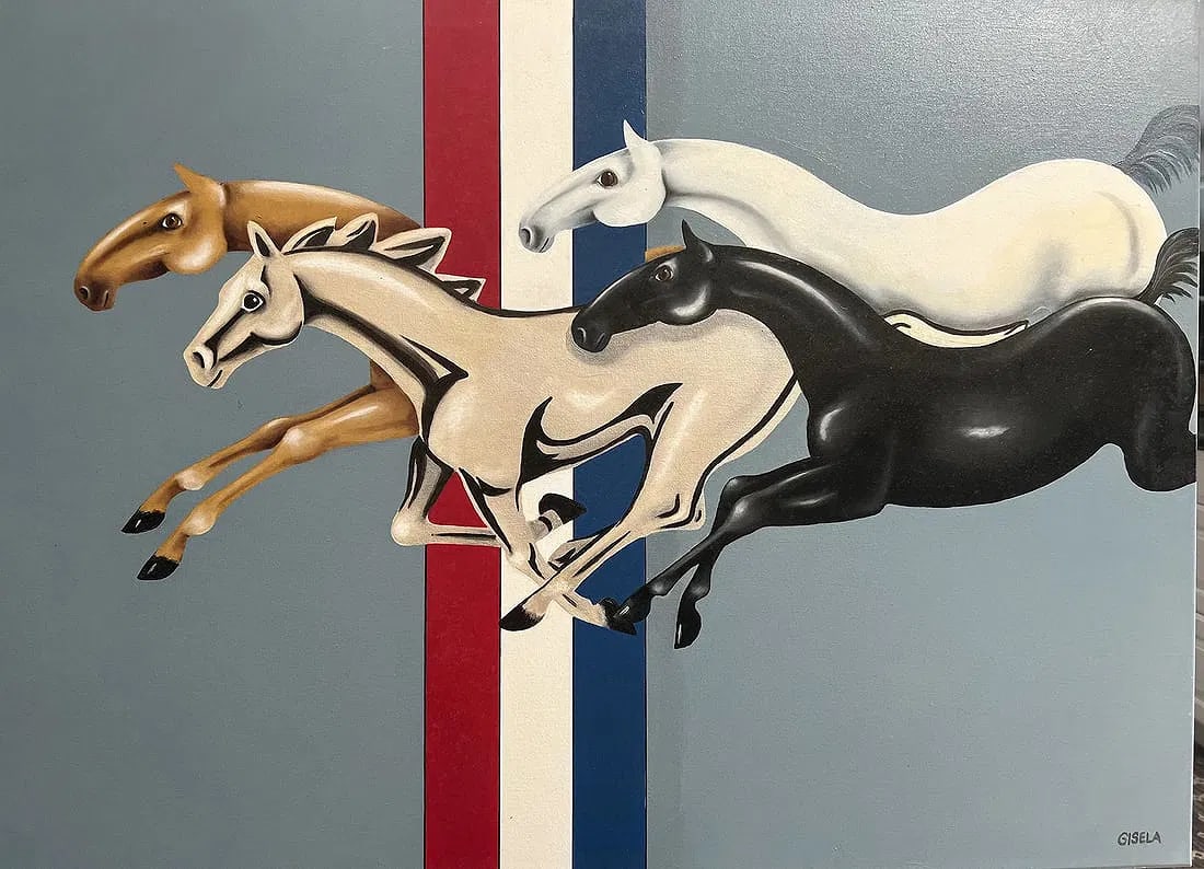 Gisela Pferdekamper Mustang Horsepower" Original Oil on Canvas by Listed Artist: The product is a large, original oil painting on canvas titled "Mustang Horsepower" by listed artist Gisela Pferdekamper. Created in 2017, this one-of-a-kind artwork features a unique fusion of cars a