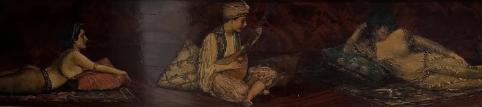 LARGE WALL RELIEF EGYPTIAN MUSICAN WITH 2 FEMALE UNIQUE OIL ON BOARD