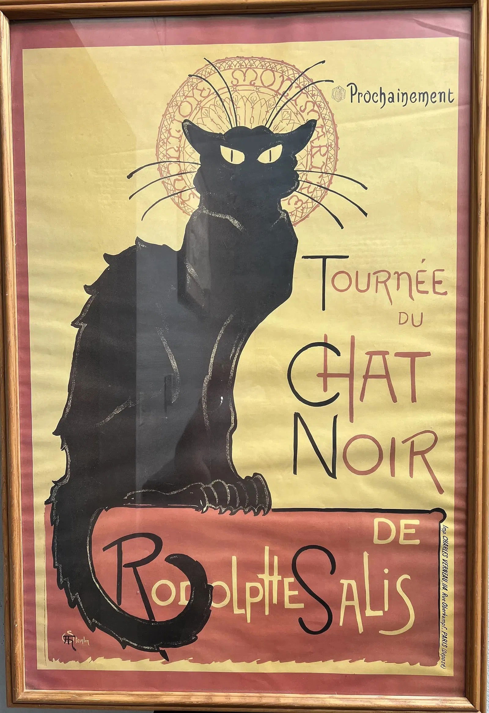 Vintage Poster "Tour of the Blabk Cat by Rodolphe Salis" Framed: vintage poster titled "Tour of the Blabk Cat" by Rodolphe Salis is a stunning piece of contemporary art that will add a touch of elegance to any room. The poster is in excellent shape and has been fra