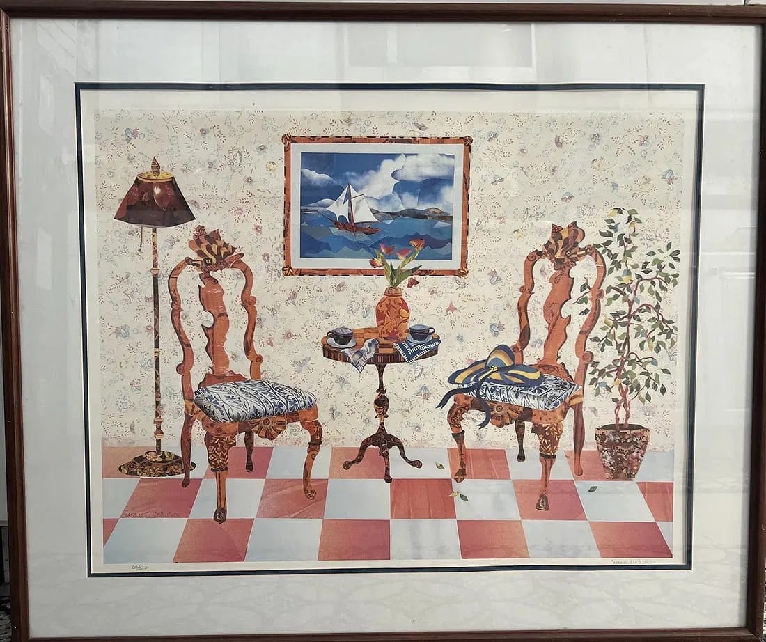 RED AND WHITE VINTAGE MIAMI APARTMENT SUSAN JOHNSON HAND SIGNED AND NUMBERED: This beautiful vintage Miami apartment print is a one-of-a-kind piece signed and numbered by artist Susan Johnson. The large size of 28" in height and 33" in width makes it a stunning addition to any 