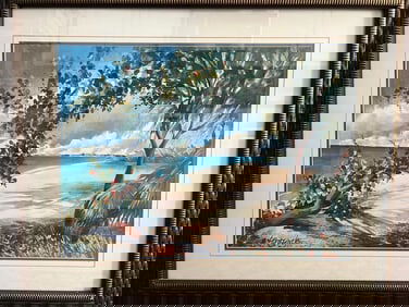 LOIS BREZINSKI " CAYMAN ISLAND" GRAPETREES ON SEVEN MILE BEACH LARGE FRAMED MIXED MEDIA
