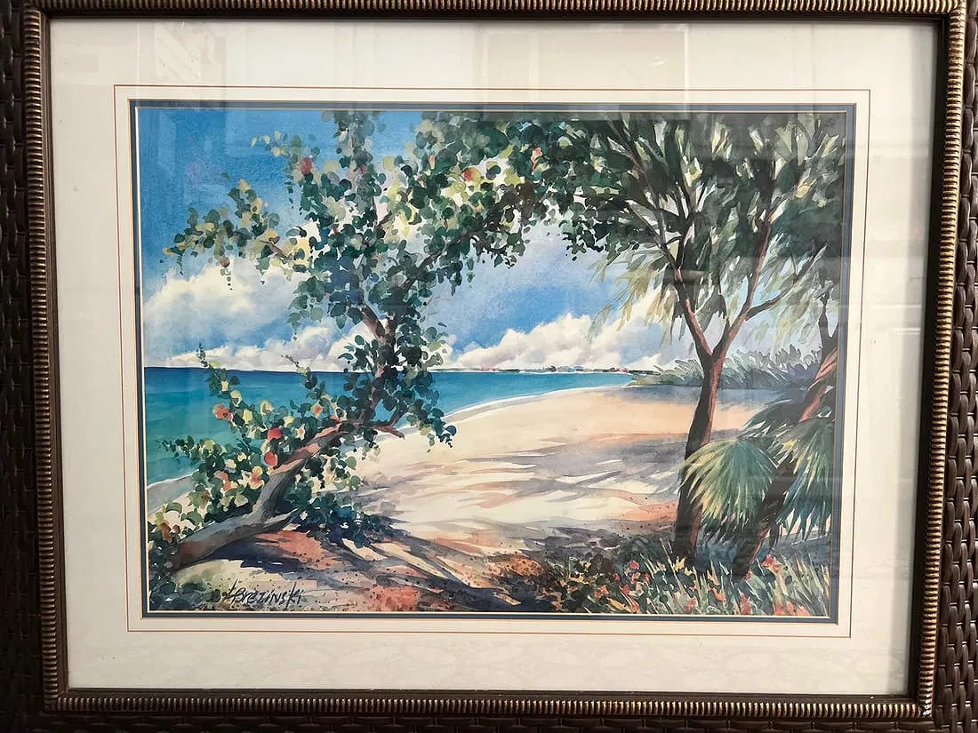 LOIS BREZINSKI " CAYMAN ISLAND" GRAPETREES ON SEVEN MILE BEACH LARGE FRAMED MIXED MEDIA (1 of 3)