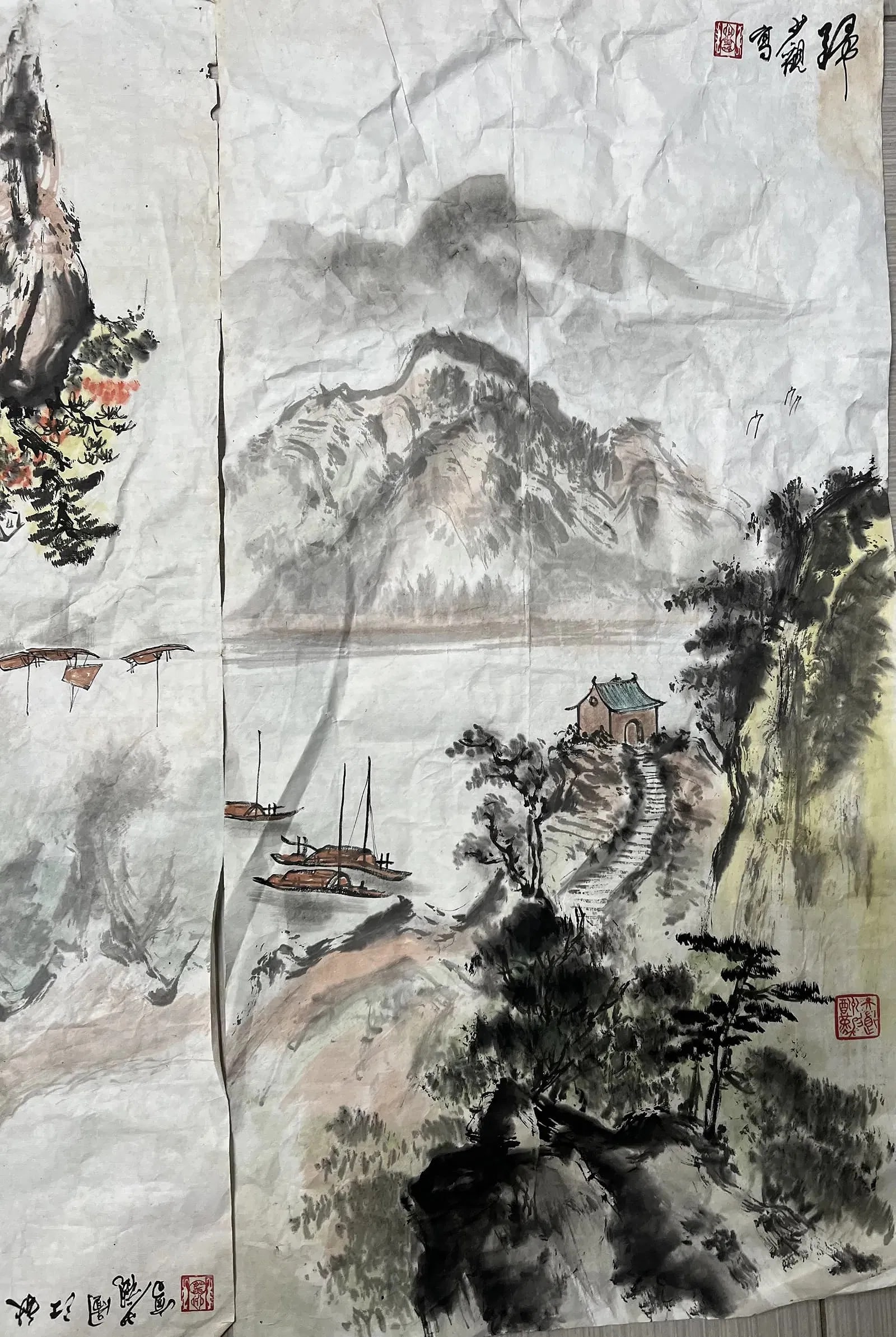 Vintage Chinese Landscape Watercolor Painting on Paper: This vintage Chinese landscape watercolor painting on paper is a beautiful piece of art that will add a touch of elegance to any room. The painting is large in size, measuring 26 inches in height and 