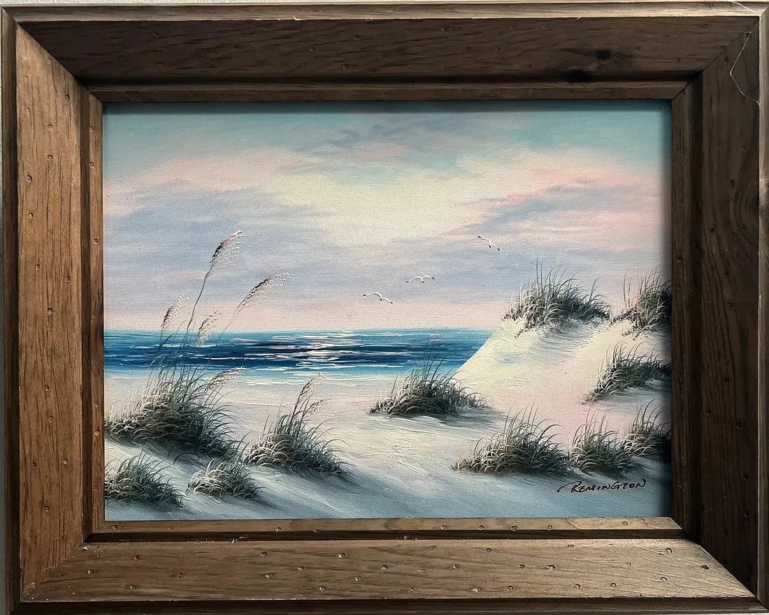 Stunning Dunes on the Beach by the Artist Remington Oil on Canvas Signed: This beautiful painting by the artist Remington features stunning dunes on the beach, captured with exquisite attention to detail in an oil on canvas piece. The artwork is signed by the artist and com