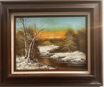 STUNNING OIL ON CANVAS , UPSTATE NEW YORK A RIVER SCENE IN WINTER SIGNED