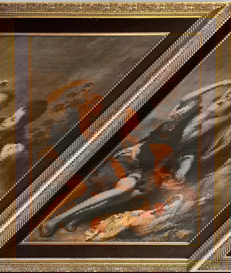 BARTOLOME ESTEBAN MURILLO "CHILDREN EATING PIE" GICEE ON BOARD: This stunning print by Bartolome Esteban Murillo depicts a charming scene of children eating pie, captured in his signature Art Deco style. Measuring 25 inches in height and 21 inches in width, this l