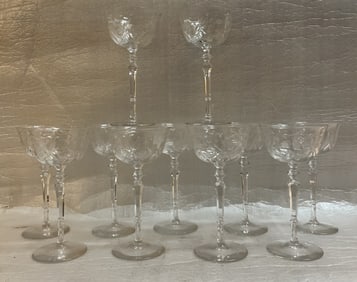 Libbey Rock Sharp Crystal Leaf Etched Faceted Ball Stem Cordial Glasses set of 12