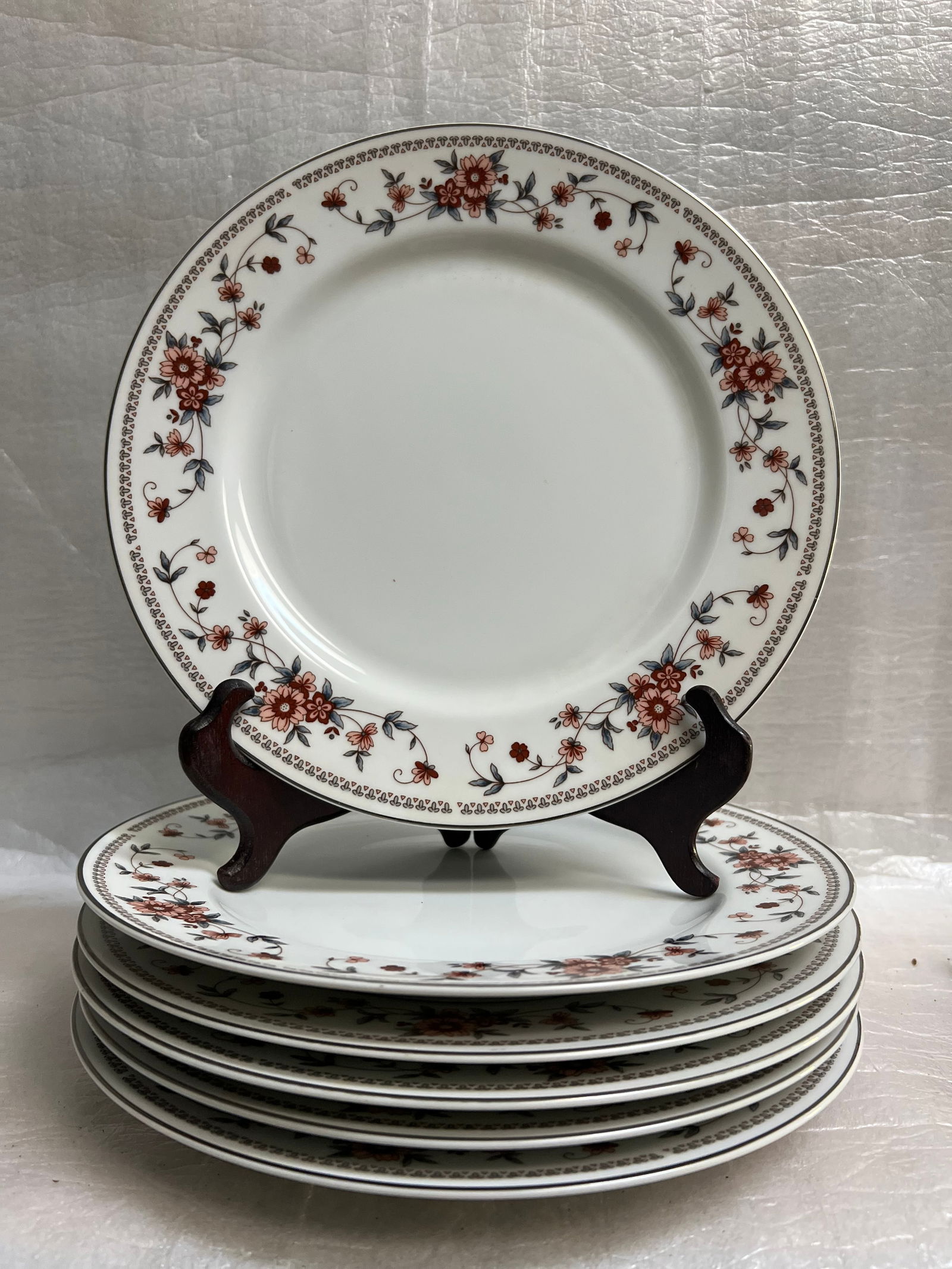 Set of 6 Sheffield Anniversary Porcelain Fine China Dinner Plates 10": Set of 6 Sheffield Anniversary Porcelain Fine China Dinner Plates 10"characterized by its floral pattern with peach/pink and rust-colored flowers, gray/blue leaves, and a silver rim. The pattern is ca