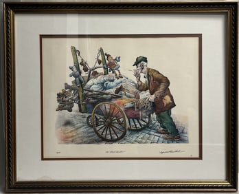 Seymour Rosenthal (American 1921-2007) Hand Signed Color Lithograph " Street Vendor"