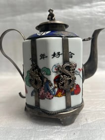 Chinese Miniature Porcelain Teapot with Silver overlay