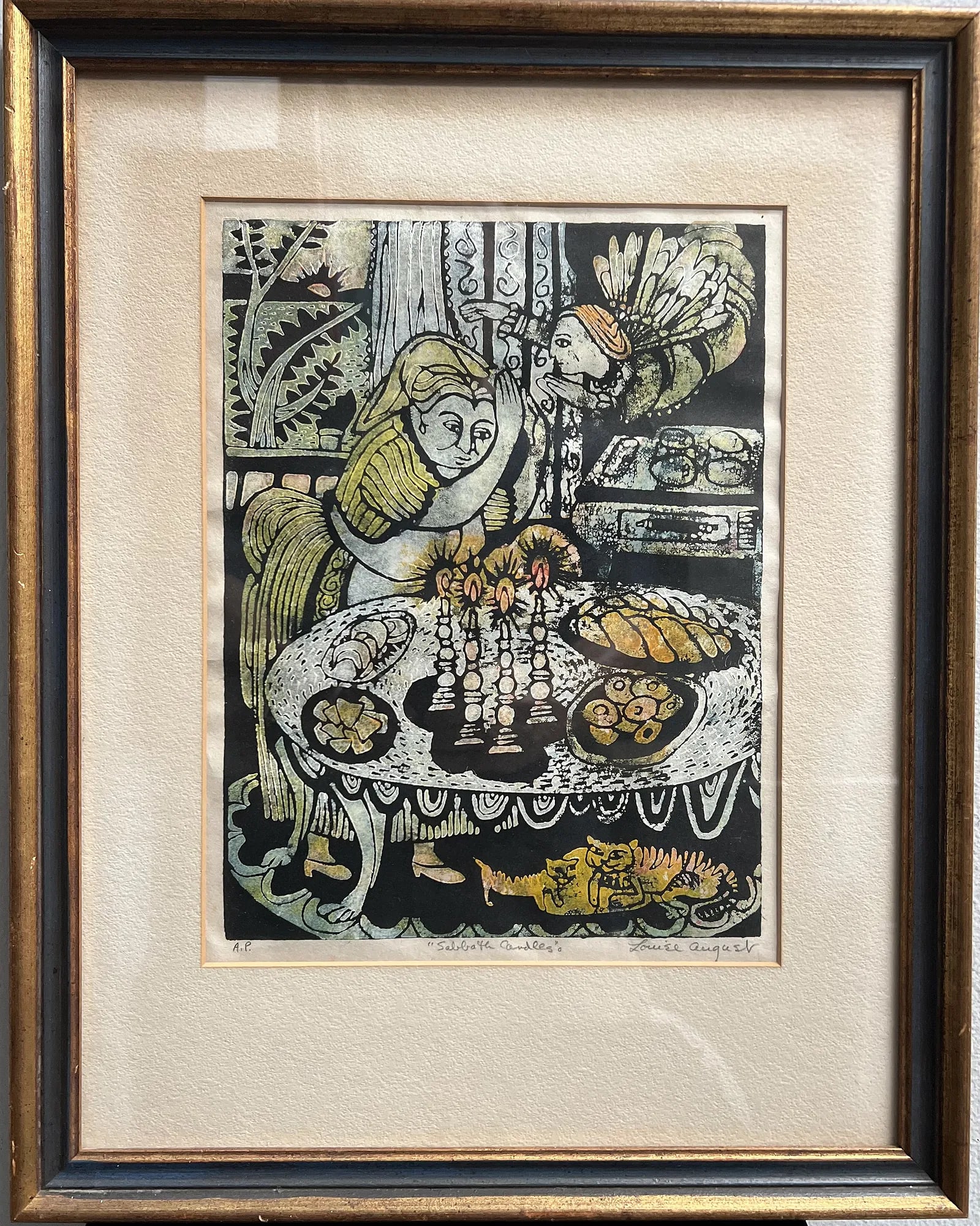 Louise August (American) "Sabbath Candles" A.P. Signed in Pencil: Louise August (American) "Sabbath Candles" Artist Proff Signed in Pencil Limited Edition Piece, Wood Block Printing , 15" x 20"