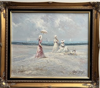 Marie Charlot Impressionist beach scene, original oil painting on canvas
