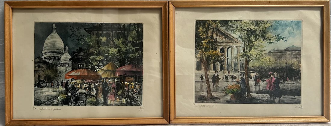 Pair of French Etching Attributed to Franz Herbelot Signed Lower Lf: These are framed lithograph prints by Franz Herbelot, a French artist known for his depictions of Parisian street scenes, particularly around Montmartre. Artist: Franz Herbelot, a mid-century French a