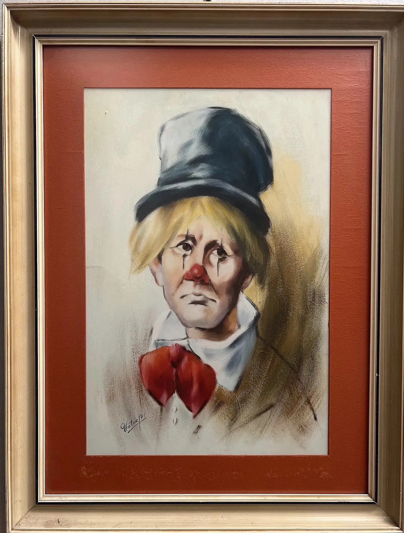 Vintage Sad Clown Acrylic/Print Signed and Dated by Victor Gerard 1971: This vintage painting/ print titled "Sad Clown" is a unique piece signed and dated by artist Victor Gerard in 1971. The portrait is a medium-sized cardboard art, measuring 28 inches in height and 22 i