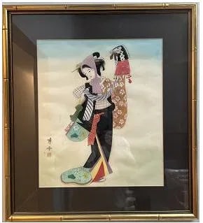 Vintage Japanese Watercolor on Silk Framed Attributed to Morita Haruyo: This is a Japanese painting on silk, likely depicting a geisha or a beautiful woman in the traditional bijin-gastyle. The piece is often attributed to the artist Morita Haruyo or is inspired by her wo