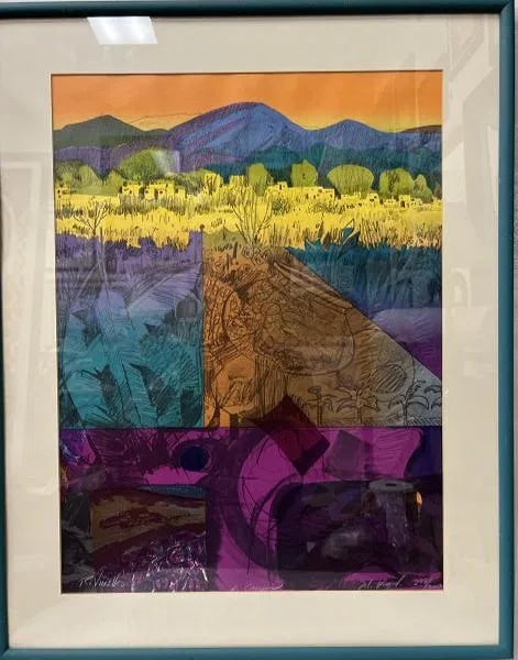 LESLIE CRESPIN ( AMERICAN B1947) HAND SIGNED NUMBERED: The artwork depicts a vibrant, stylized landscape. Top half: Features a colorful sky with a large, blue mountain range in the background. Below the mountains are yellow and green fields with small, ad