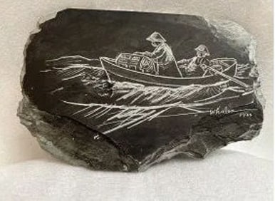 JOSEPH WHALEN 1974 ETCHED SLATE DISPLAY PIECE 8.5"X 6"
