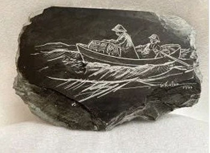 JOSEPH WHALEN 1974 ETCHED SLATE DISPLAY PIECE 8.5"X 6": The art piece is an etching on slate by a 20th-century Miami artist named Joseph P. Whalen. It is dated 1974. The artist's technique involved coating a sawed slate slab with a black ink, then incising