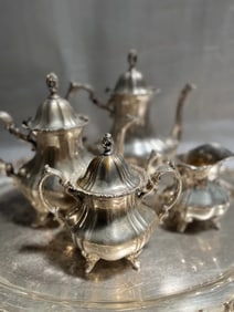 Antique Poole E.P.C.A. Lancaster Rose 400 Silver Plate Tea Set Sugar Bowl, Creamer, Tea & Coffee