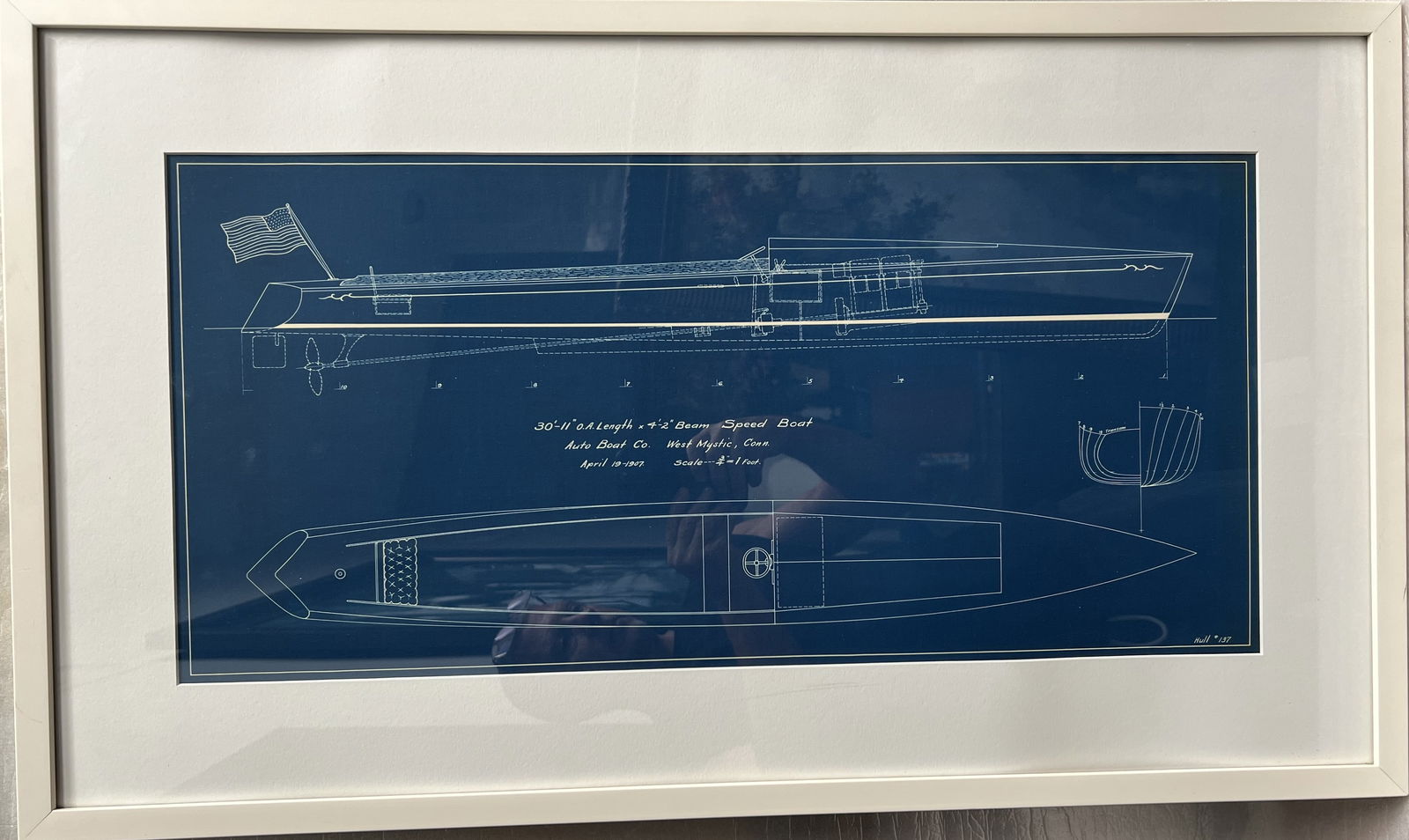 Vintage Style Blueprint of a Classic Speedboat: Bring the timeless elegance of classic nautical design into your home with this striking framed art print.This piece features a blueprint-style technical drawing of a vintage speedboat, presented in c