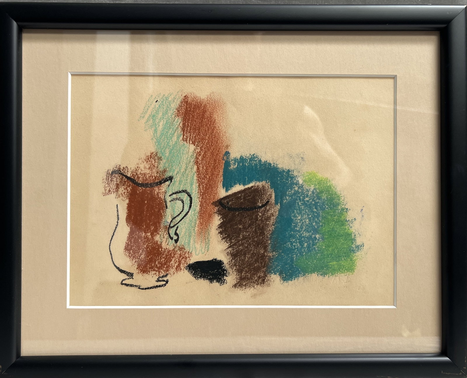 Morris Davidson (1898 - 1979) Non objective, abstract painting: Morris Davidson. The artwork features two pitcher-like objects outlined in black, surrounded by broad strokes of color, including shades of brown, teal, and green. The medium appears to be a pastel or