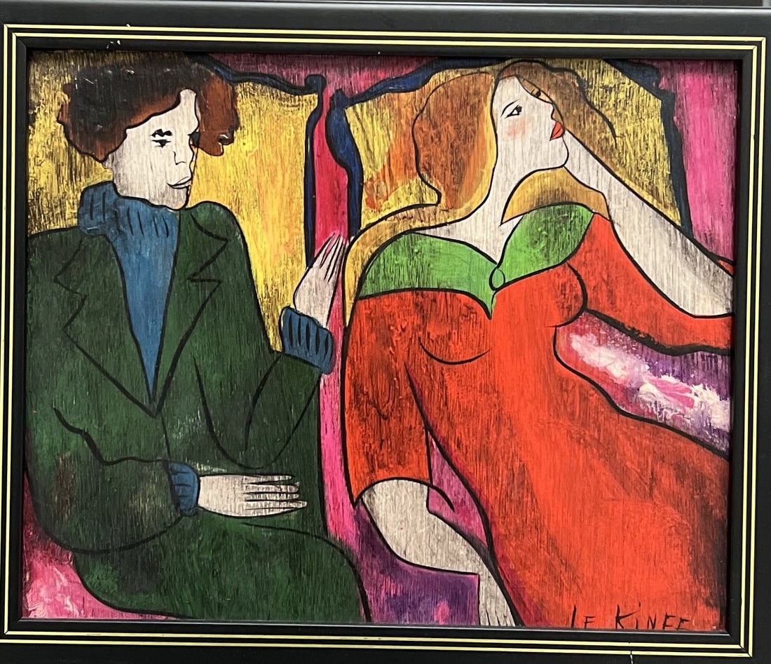 Colorful painting on a wood block by the artist Linda Le Kinff: Colorful painting on a wood block by the artist Linda Le Kinff. The artwork is presented in a black shadow box frame with gold accents. The painting itself features two female figures rendered in a di