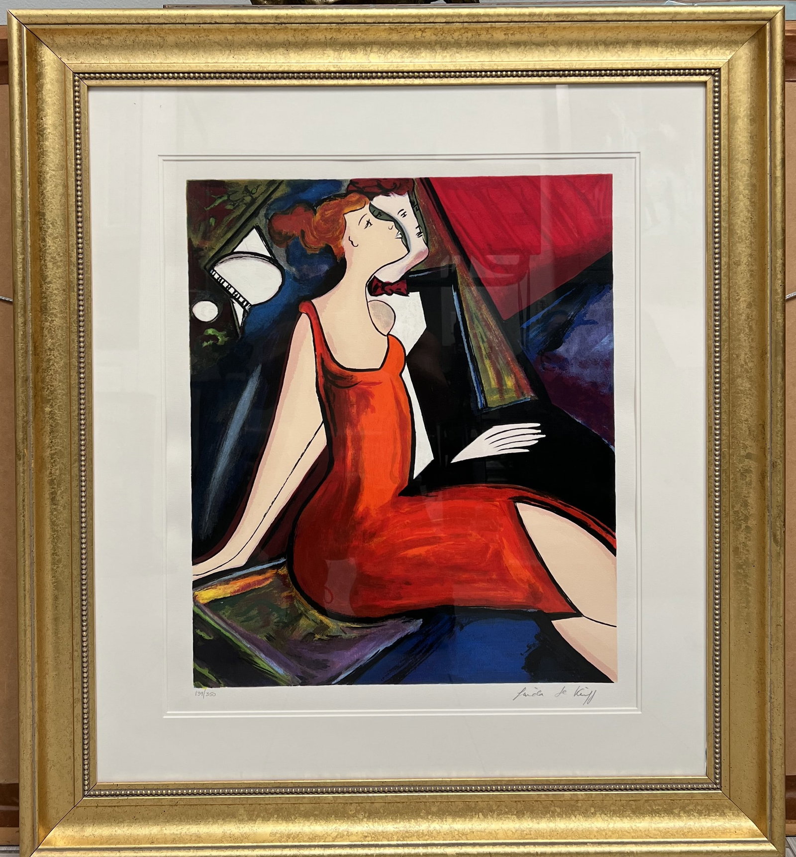 Linda Le Kinff (B1947) Limited Edition Serigraph on Wove Paper Hand Signed: The image displays a framed serigraph print titled "Stargazing" by French artist Linda Le Kinff (b. 1949). Subject: The artwork depicts a seated couple looking upwards, with a moon visible behind them