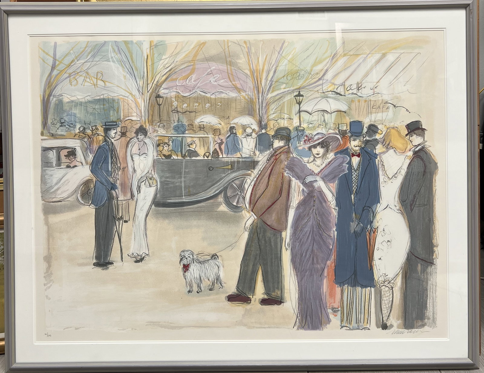 Isaac Maimon "Champs Elysees" Limited EditionFramed Print Hand Signed: The image displays a framed, limited-edition print by the Israeli artist Isaac Maimon, often titled "Champs Elysees" or "Paris Cityscape". Known for depicting society scenes in bold colors, Maimon's w