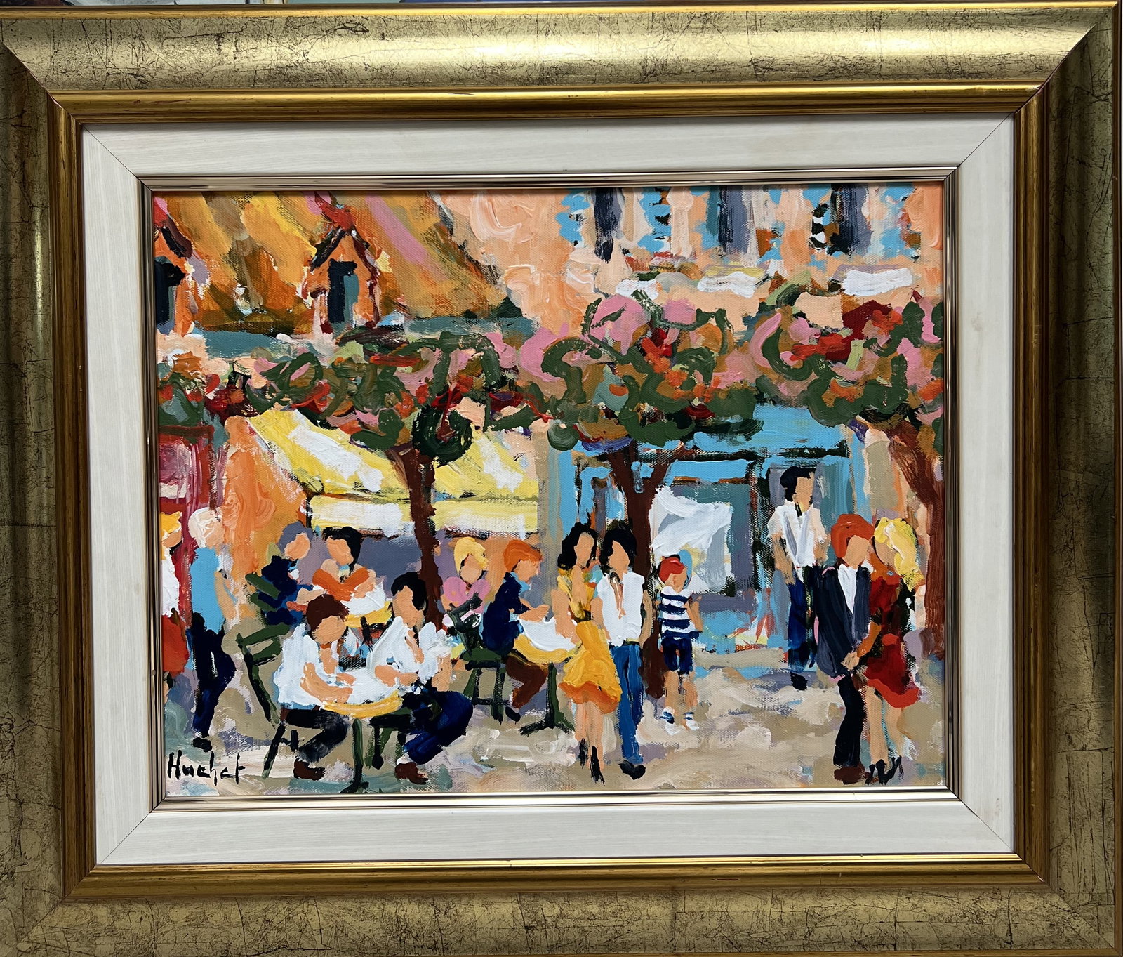 Urbain Huchet (1930-2014) French, Lively Outdoor Caft Oil on Canvas: This painting is characteristic of the French artist Urbain Huchet (1930–2014), who was known for his vibrant, Post-Impressionist and Fauvist-influenced works. The signature "Huchet" is visible in t