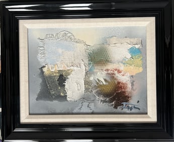 A framed, abstract, mixed-media artwork. signed by the Artist