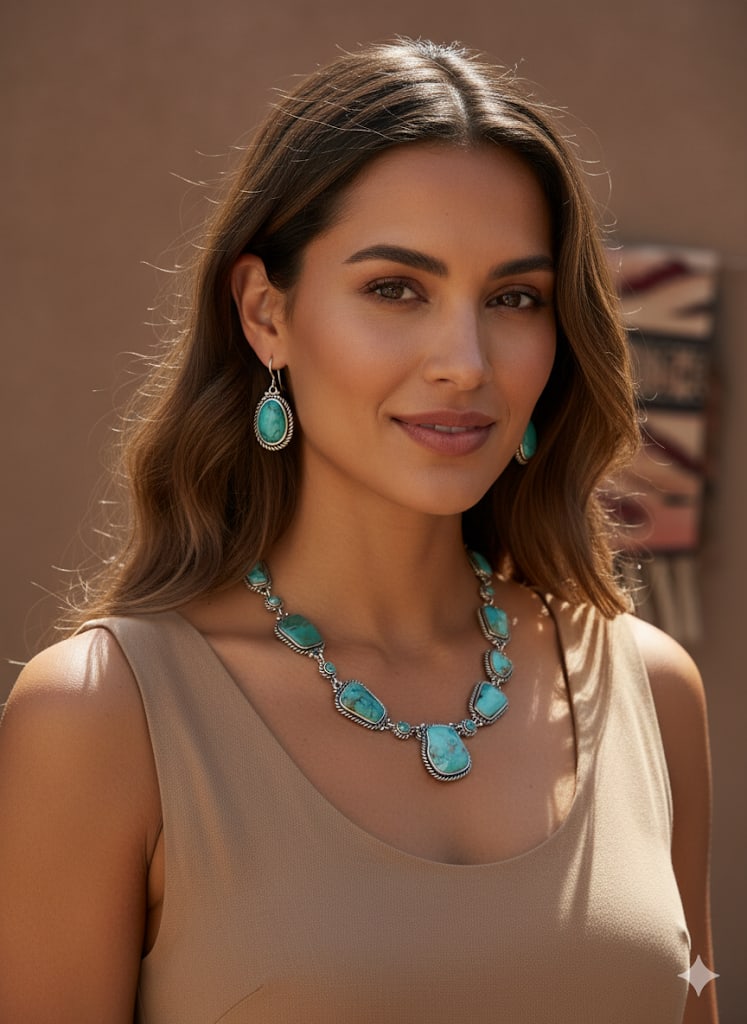 Native American-style sterling silver jewelry featuring prominent turquoise gemstones: The image displays a set of vintage-style or Native American-style sterling silver jewelry featuring prominent turquoise gemstones. The set includes a necklace and three matching clip-on earrings. Des