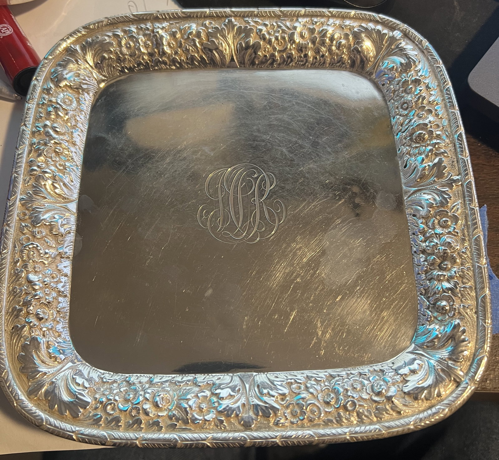 Tiffany and Co Museum Quility Sterling Vintage Tray Circa early 19th C 14.92 oz: This early 1900s Tiffany sterling silver tray is a substantial piece, featuring ornate decoration such as scrolling foliage, floral motifs, or a neoclassical design , consistent with the era's styles 