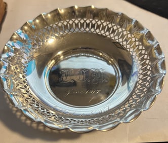 Vintage Sterling Silver Serving Dish Featuring a Reticulated Rim and Custom Engravings 2.1 oz